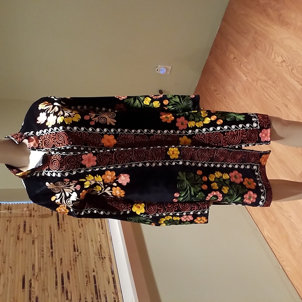 Black Velvet Embroidered With Colorful Flowers Coat Size M